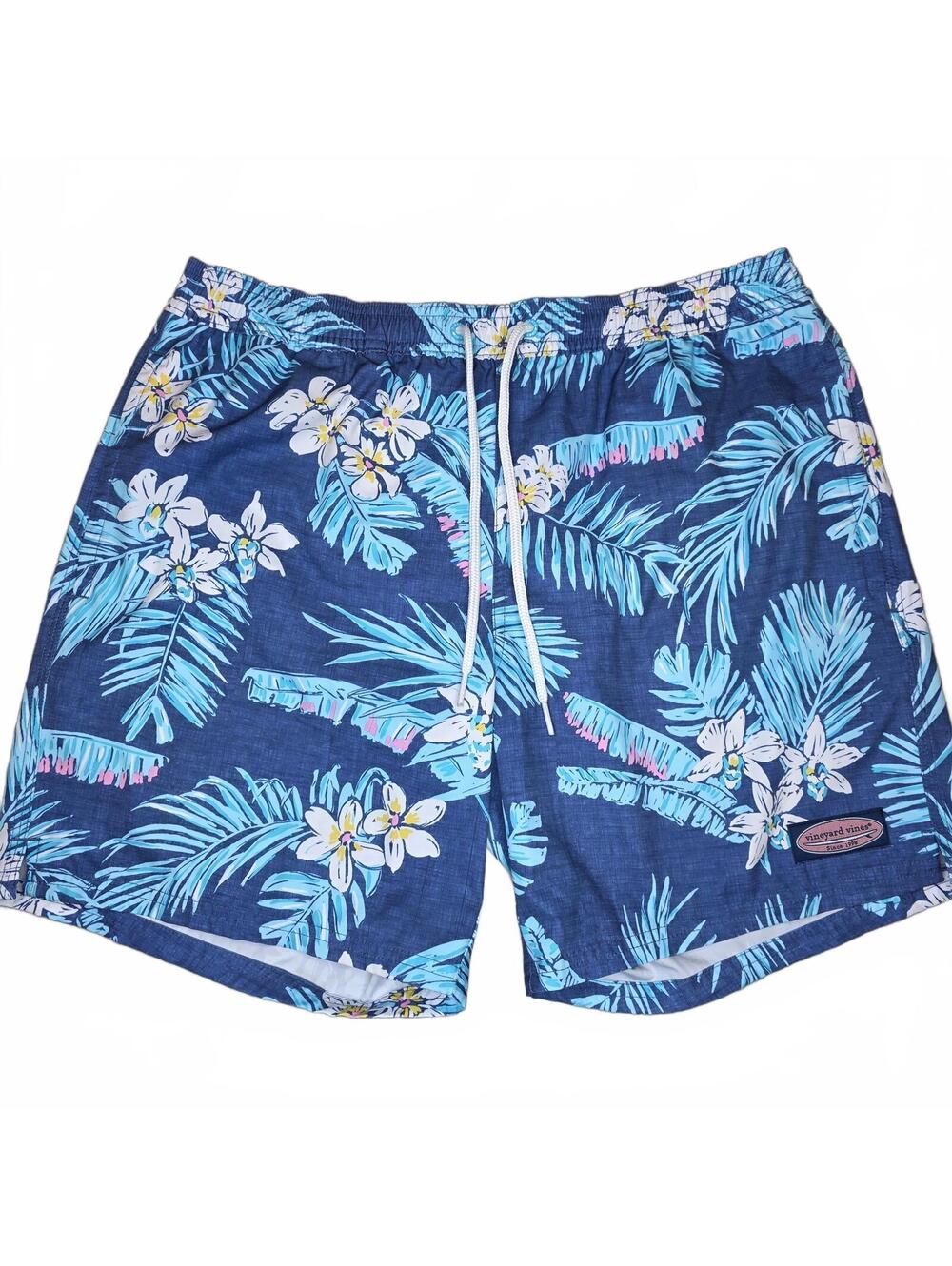 Vineyard Vines Men's Navy Tropical Swim Trunks Size Medium Teal White 7" inseam